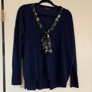 Abigail Borg for J Crew Navy Blue Merino Wool Tie Neck Sweater